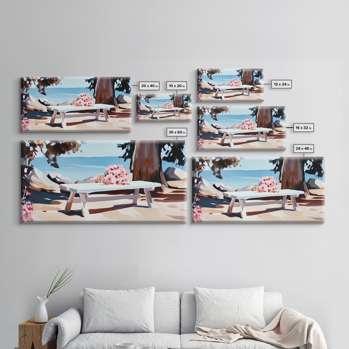 Strandpicknick, Essen am Meer, Sommerliche Wandbilder, Gerahmter Leinwanddruck, Küstendeko, Entspannende Atmosphäre, Küchenkunst, Maritime Ästhetik