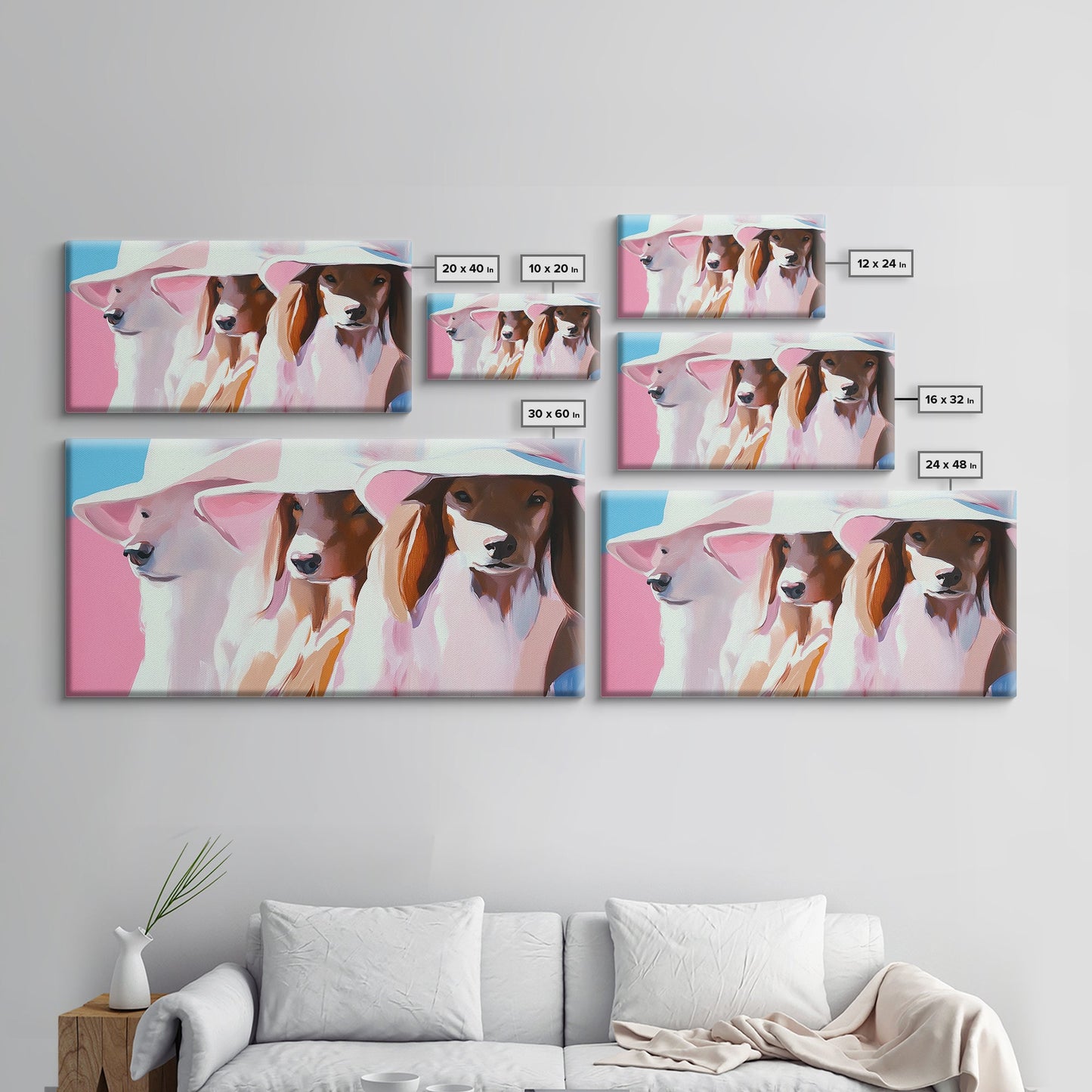 Stilvolle Hunde, Trendige Tierkunst, Ästhetischer Druck in Rosa, Modernes Haustierporträt, Verspielte Wandkunst, Dekoratives Dekor, Gerahmter Leinwanddruck