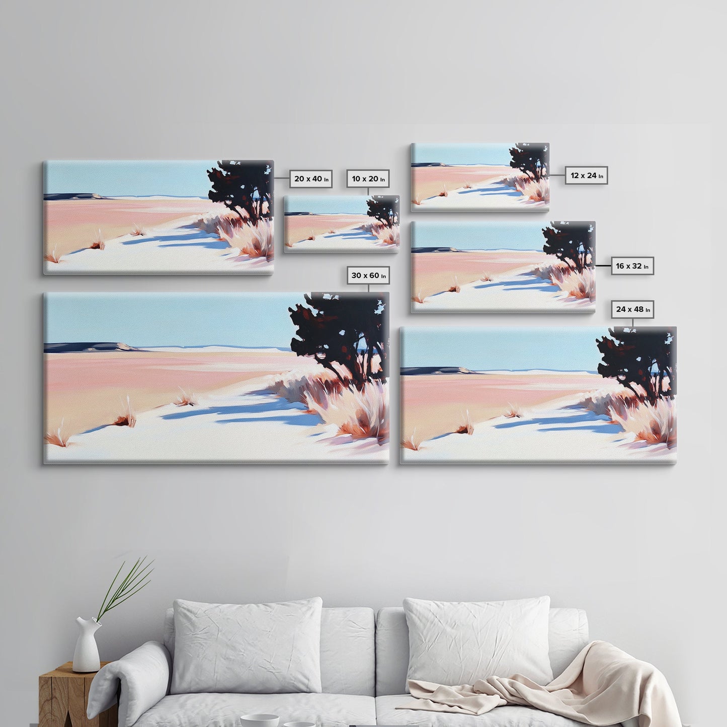 Wüstenpfad, minimalistische Landschaftskunst, warmer Pastelldruck, erdige Ästhetik, rustikale Wanddekoration, Schlafzimmerkunst, Leinwanddruck