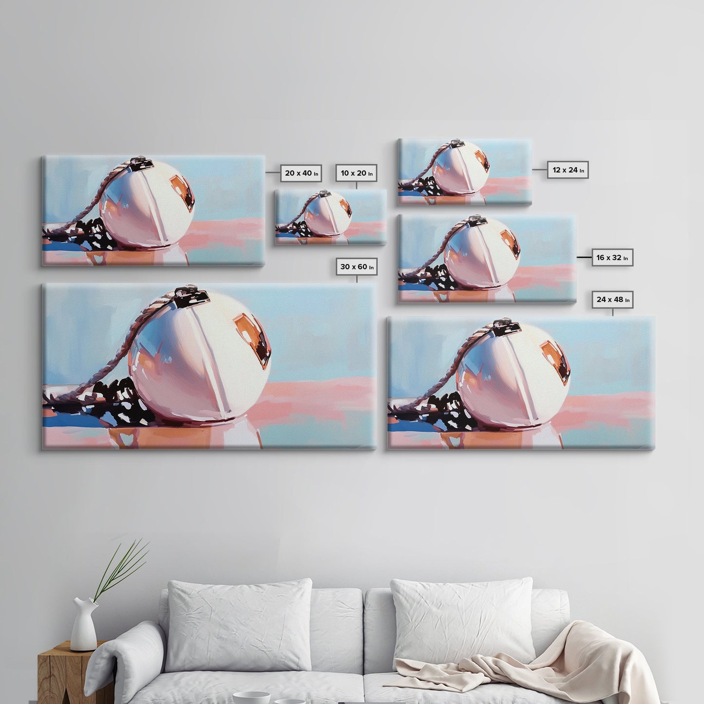 Nautische Boje, Küstenkunst, Minimalistischer Küstenstil, Meeresspiegelungen, Nautische Ästhetik, Dekoration mit Meeresmotiven, Leinwanddruck, Badezimmer