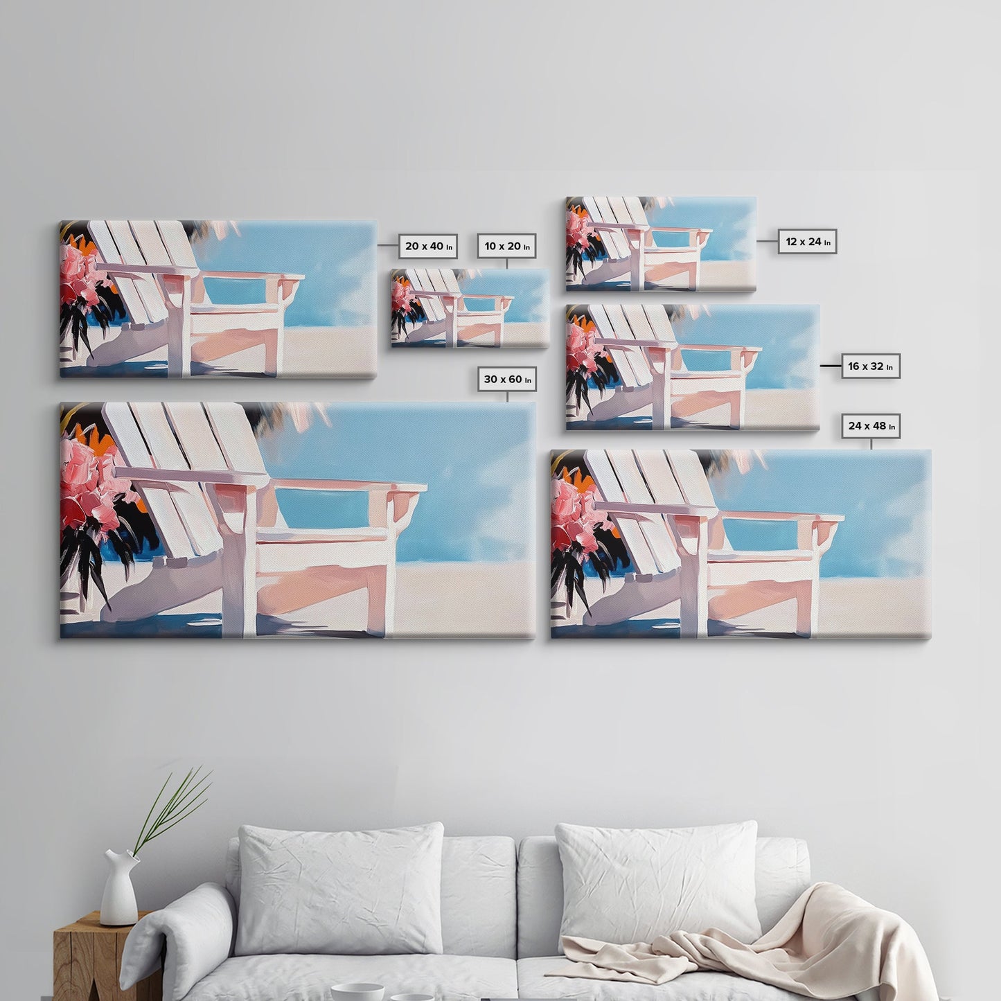 Strandstuhl, Sommerentspannung, Küstenkunst für draußen, Urlaubsästhetik, tropische Wohndekoration, minimalistische Pastellfarben, Leinwanddruck, Terrasse