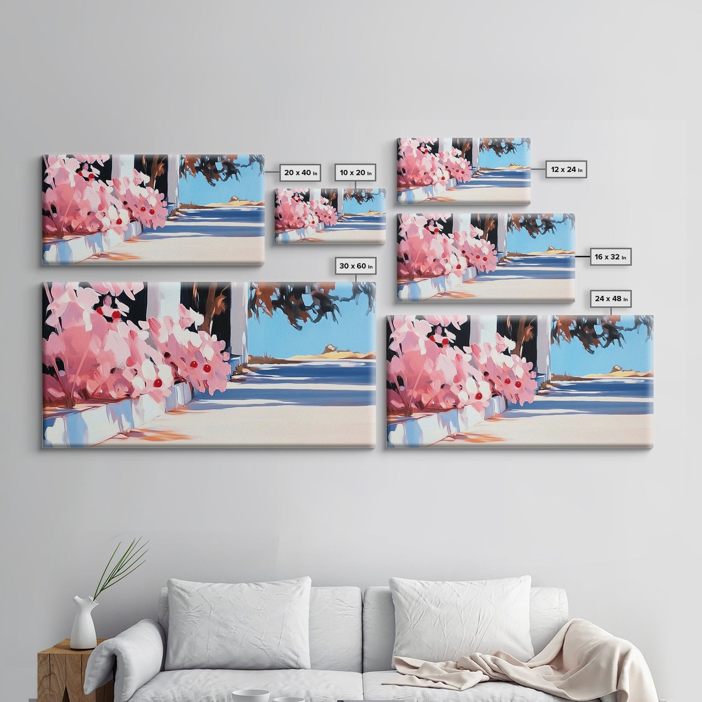 Flowers, Sunlit Walkway, Mediterranean Style Art, Floral Painting, Romantic Landscape, Framed Canvas Print, Outdoor Wall Art, Pastel Tones