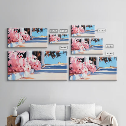 Flowers, Sunlit Walkway, Mediterranean Style Art, Floral Painting, Romantic Landscape, Framed Canvas Print, Outdoor Wall Art, Pastel Tones