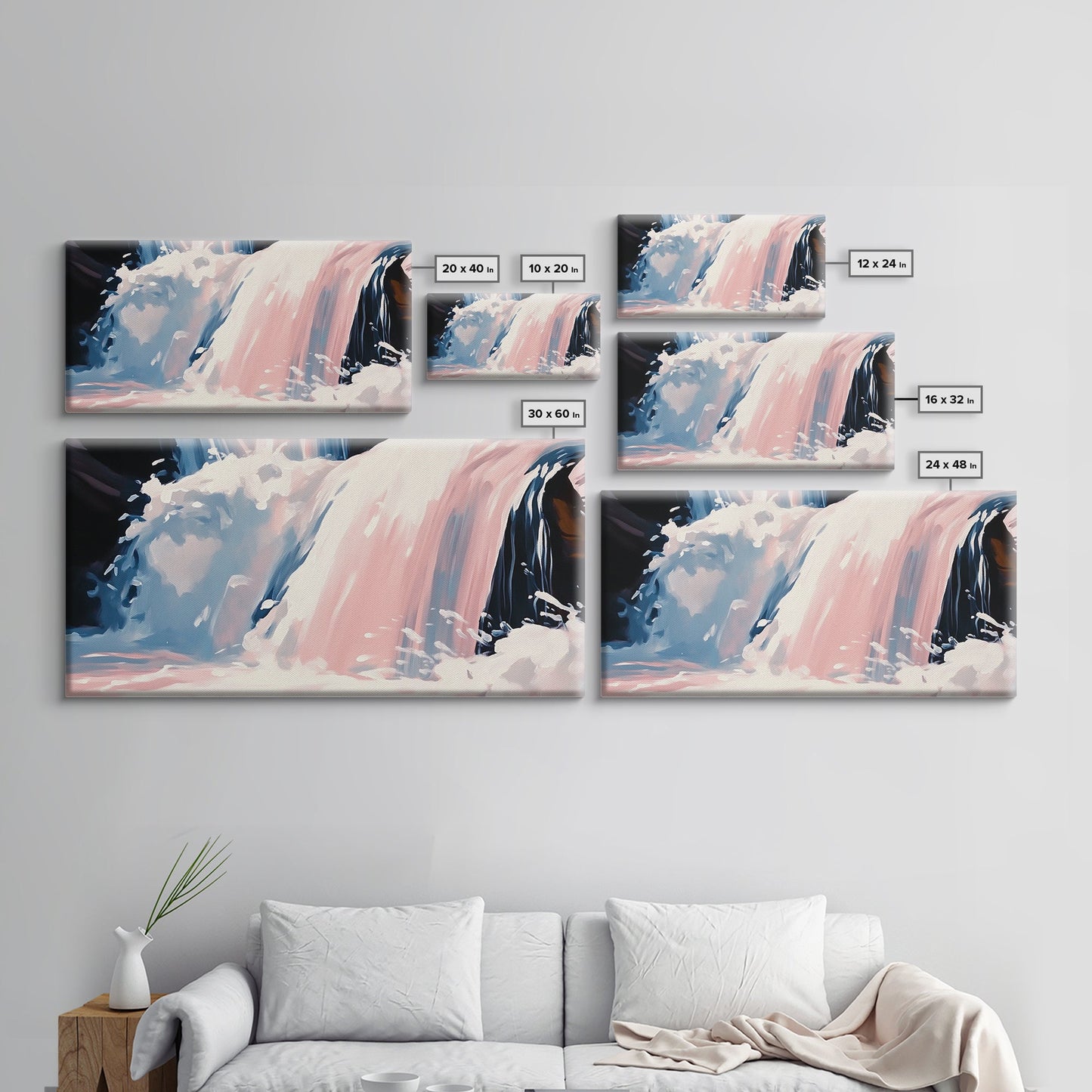 Wasserfallmotiv, Naturwandbild, Ruhige Landschaftskunst, Moderner minimalistischer Druck, Blau- und Rosatöne, Gerahmter Leinwanddruck, Wohnzimmerkunst