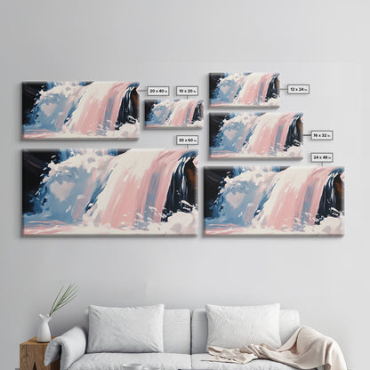 Wasserfallmotiv, Naturwandbild, Ruhige Landschaftskunst, Moderner minimalistischer Druck, Blau- und Rosatöne, Gerahmter Leinwanddruck, Wohnzimmerkunst