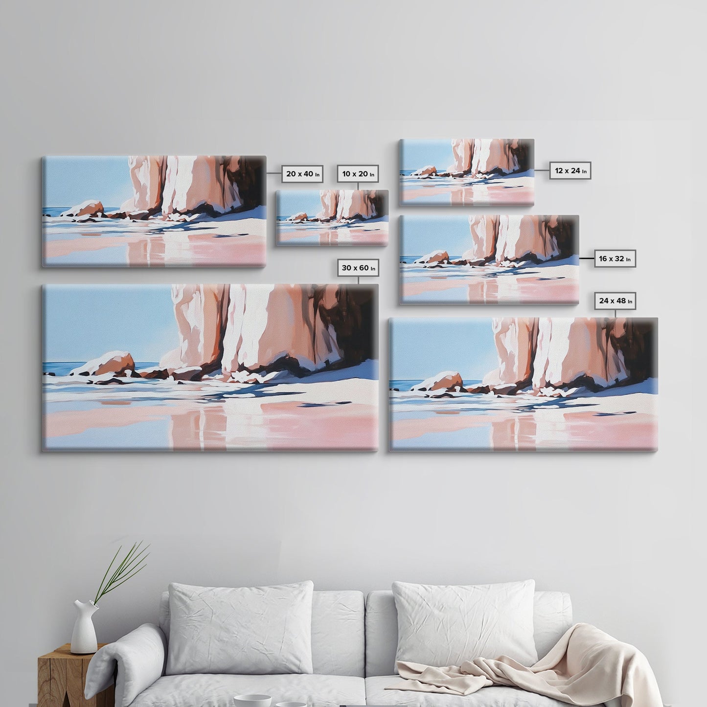 Strandspiegelungen, Felsformationen, Küstenkunst, Leinwanddruck, Wanddekoration im Küstenstil, Meeresgemälde, Wohnzimmerkunst, Minimalistische Strandkunst