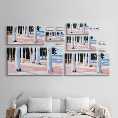 Wald am Ufer, Küstenbäume, Naturkunst, Leinwanddruck, Ruhige Wanddekoration, Wohnzimmerkunst, Strandhausgemälde, Minimalistische Kunst