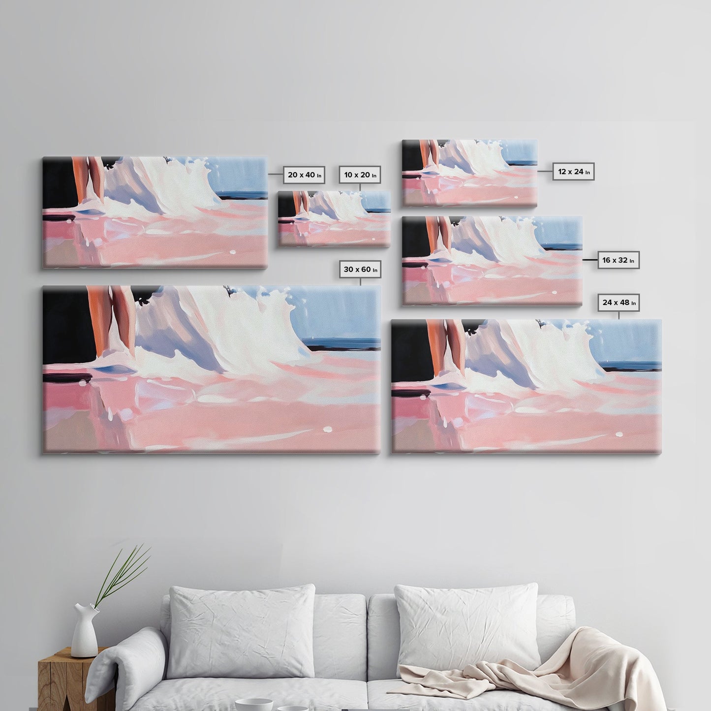Abstract Waves, Coastal Aesthetic, Beach Sunset, Living Room Wall Art, Canvas Print, Ocean Home Decor, Modern Seaside Artwork, Pink and Blue