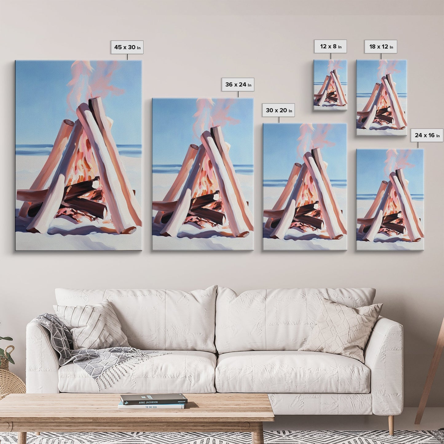 Beach Bonfire, Coastal Art, Ocean Sunset, Warm Minimalist, Canvas Print, Coastal Home Decor, Relaxing Wall Art, Boho Aesthetic