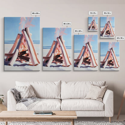 Beach Bonfire, Coastal Art, Ocean Sunset, Warm Minimalist, Canvas Print, Coastal Home Decor, Relaxing Wall Art, Boho Aesthetic