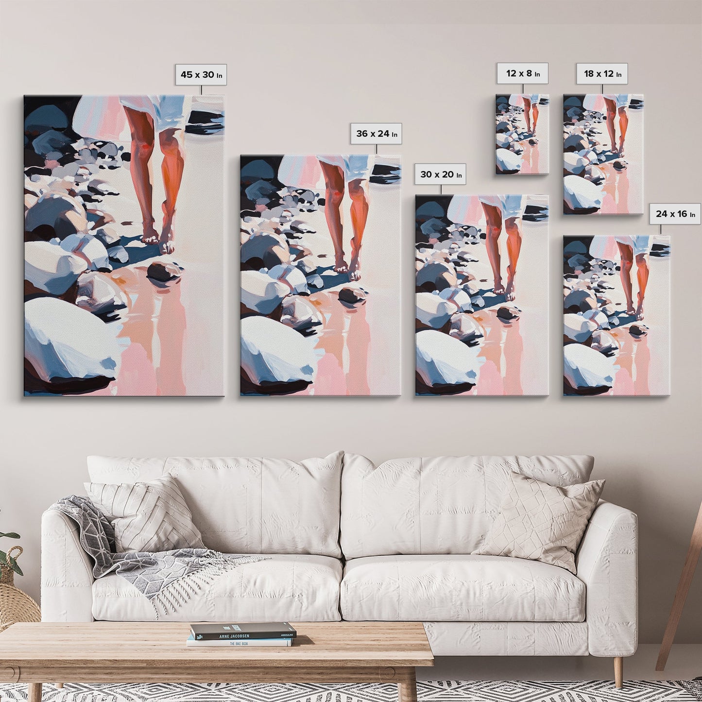 Walking on Rocks, Coastal Reflection, Beach Serenity, Soft Pastel Art, Framed Canvas Print, Nature Home Decor, Modern Wall Art