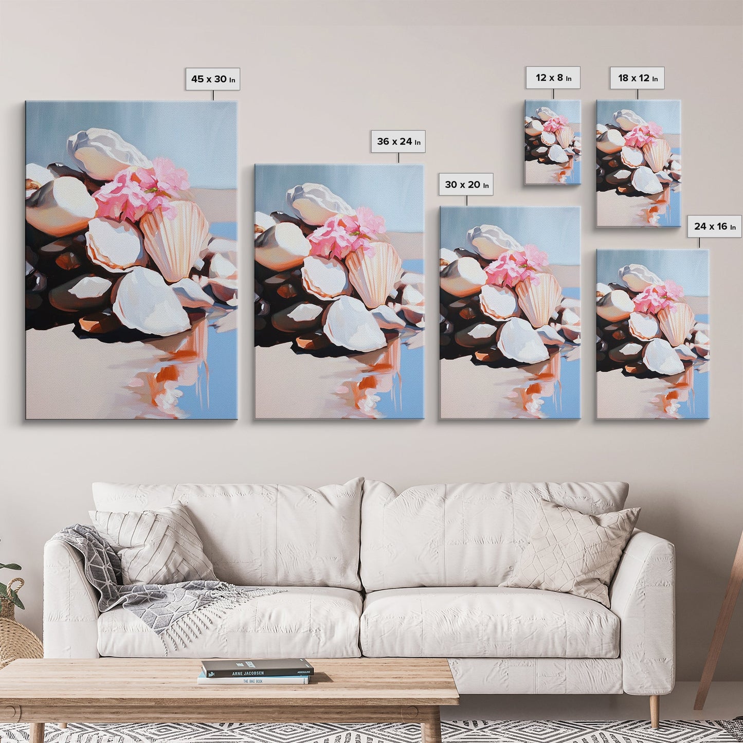 Seashell Collection, Beach Treasures, Coastal Aesthetic, Nautical Wall Art, Framed Canvas Print, Ocean Decor, Living Room Artwork