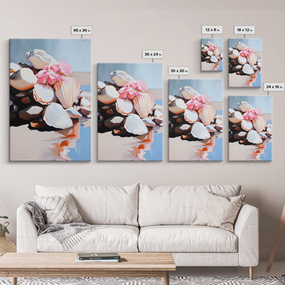 Seashell Collection, Beach Treasures, Coastal Aesthetic, Nautical Wall Art, Framed Canvas Print, Ocean Decor, Living Room Artwork