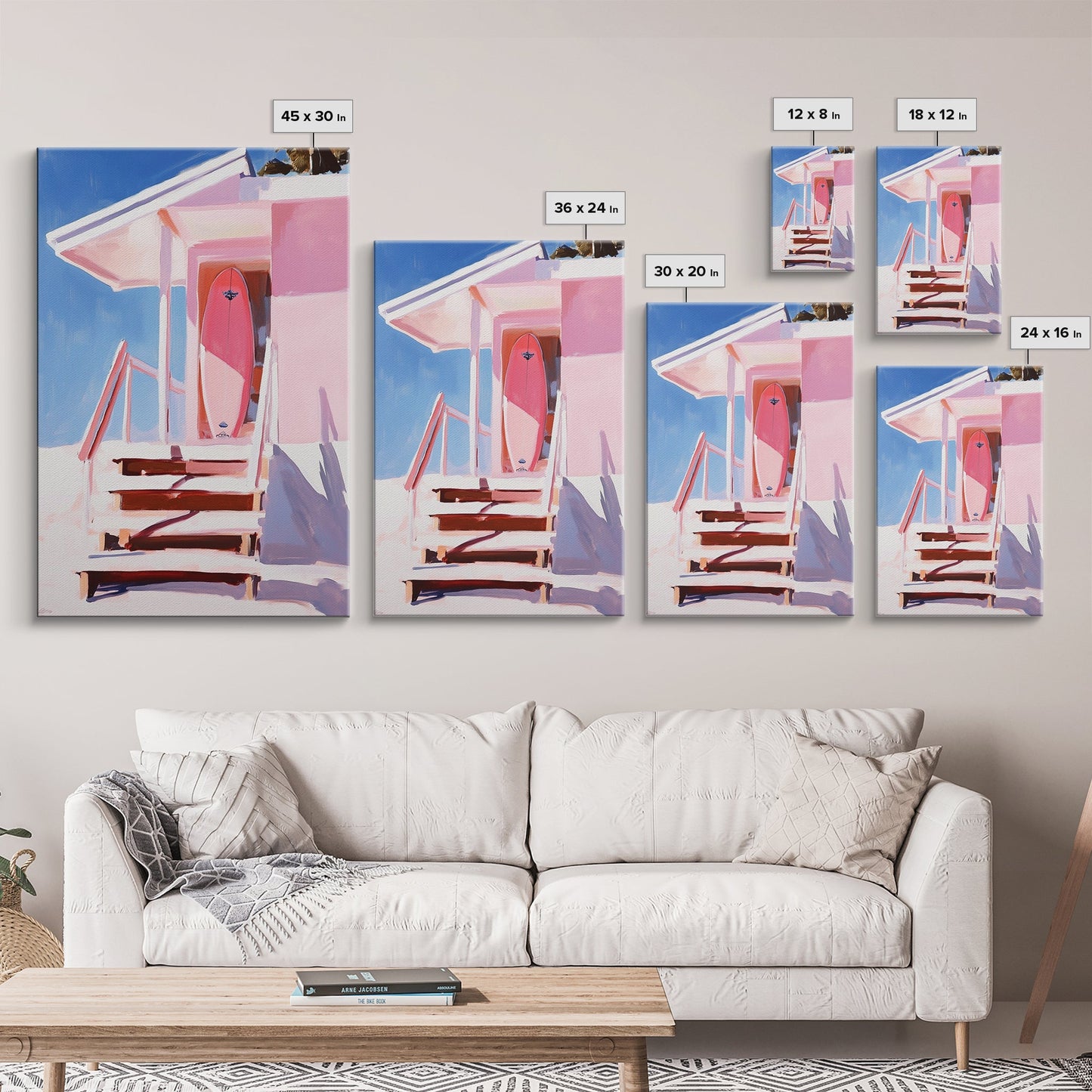 Surf Shack, Tropical Beach House Art, Framed Canvas Print, Pink Coastal Decor, Summer Vibes Wall Art, Relaxing Ocean Painting, Boho Chic