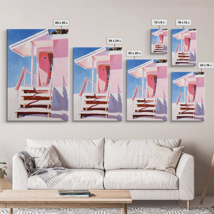 Surf Shack, Tropical Beach House Art, Framed Canvas Print, Pink Coastal Decor, Summer Vibes Wall Art, Relaxing Ocean Painting, Boho Chic