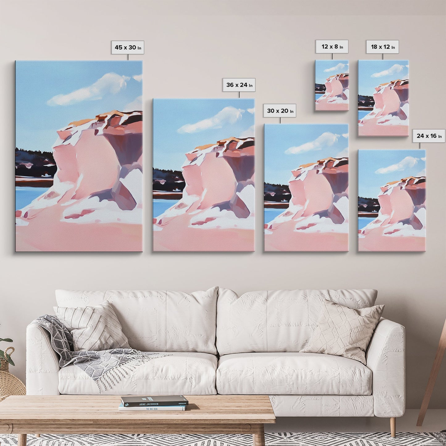 Pink Cliffs, Coastal Beauty, Ocean Landscape, Soft Pastel Art, Nature Inspired, Tranquil Scenery, Boho Wall Art, Framed Canvas Print