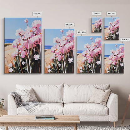 Coastal Flowers, Pink Daisy Art, Floral Beach Decor, Framed Canvas Print, Modern Boho Wall Art, Bedroom Artwork, Summer Aesthetic