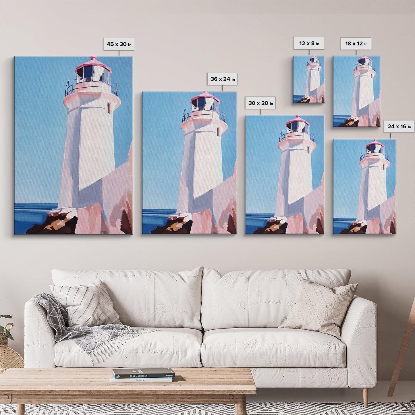 Lighthouse View, Nautical Wall Art, Beach House Decor, Ocean Scene Painting, Coastal Style, Framed Canvas Print, Bathroom Wall Art