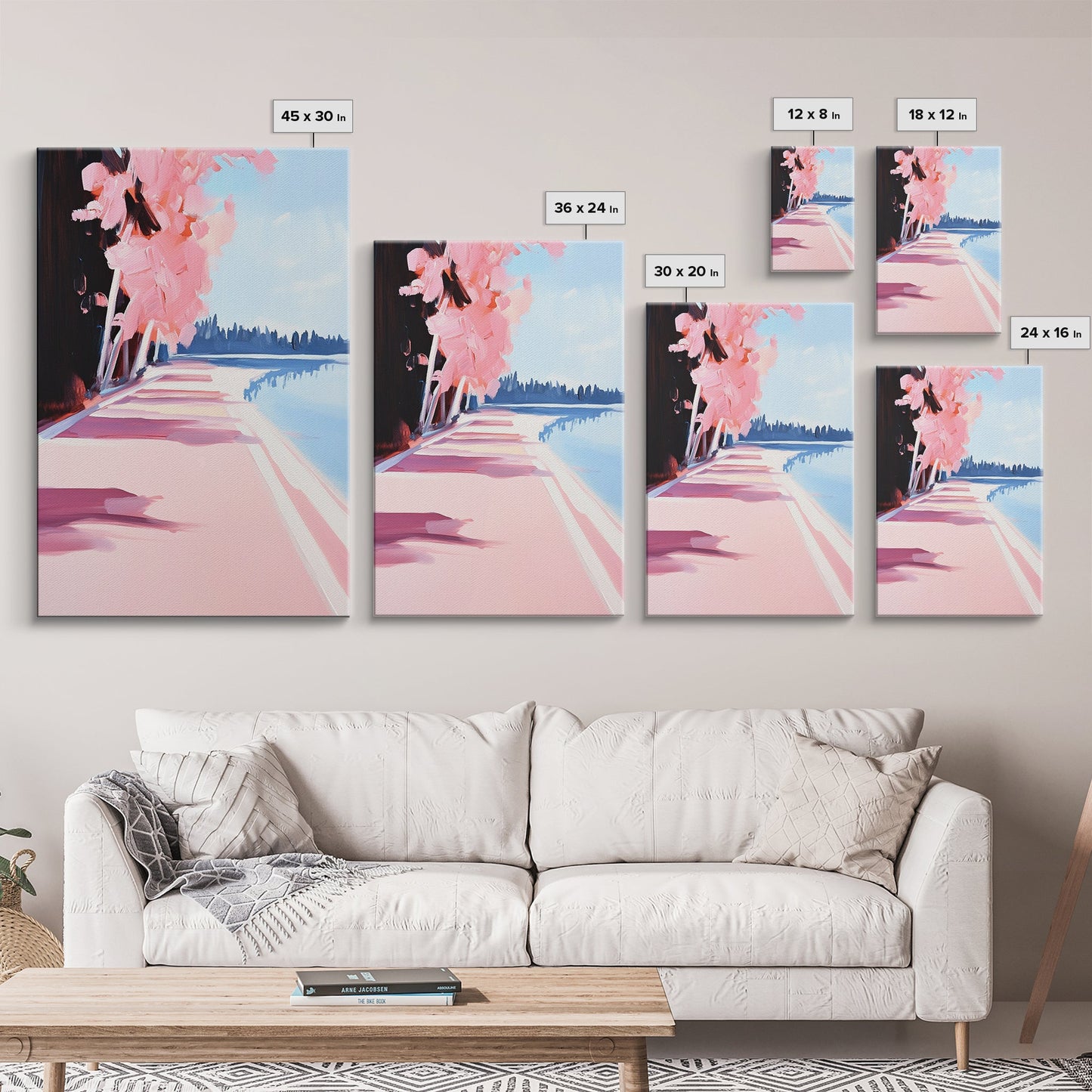 Mediterranean Steps, Coastal Wall Art, Santorini Print, Blue and Pink Decor, Travel Painting, Framed Canvas Print, Living Room Art