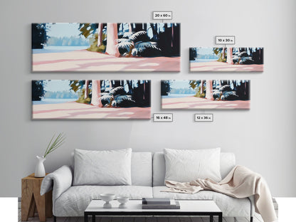 Waldweg, sonnenbeschienene Bäume, idyllische Natur, gerahmter Leinwanddruck, beruhigende Wanddekoration, moderne Landschaftsmalerei, Wohnzimmerkunst, gemütliche Einrichtung