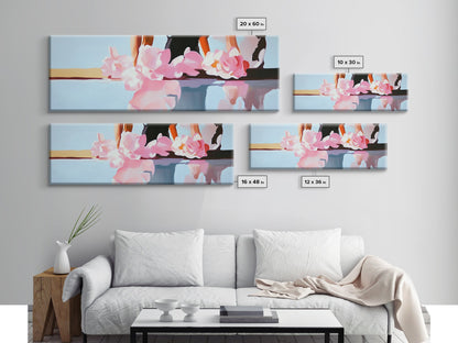 Floral Reflections, Pink Blossoms, Water Mirror, Framed Canvas Print, Feminine Wall Art, Elegant Bedroom Decor, Pastel Aesthetic