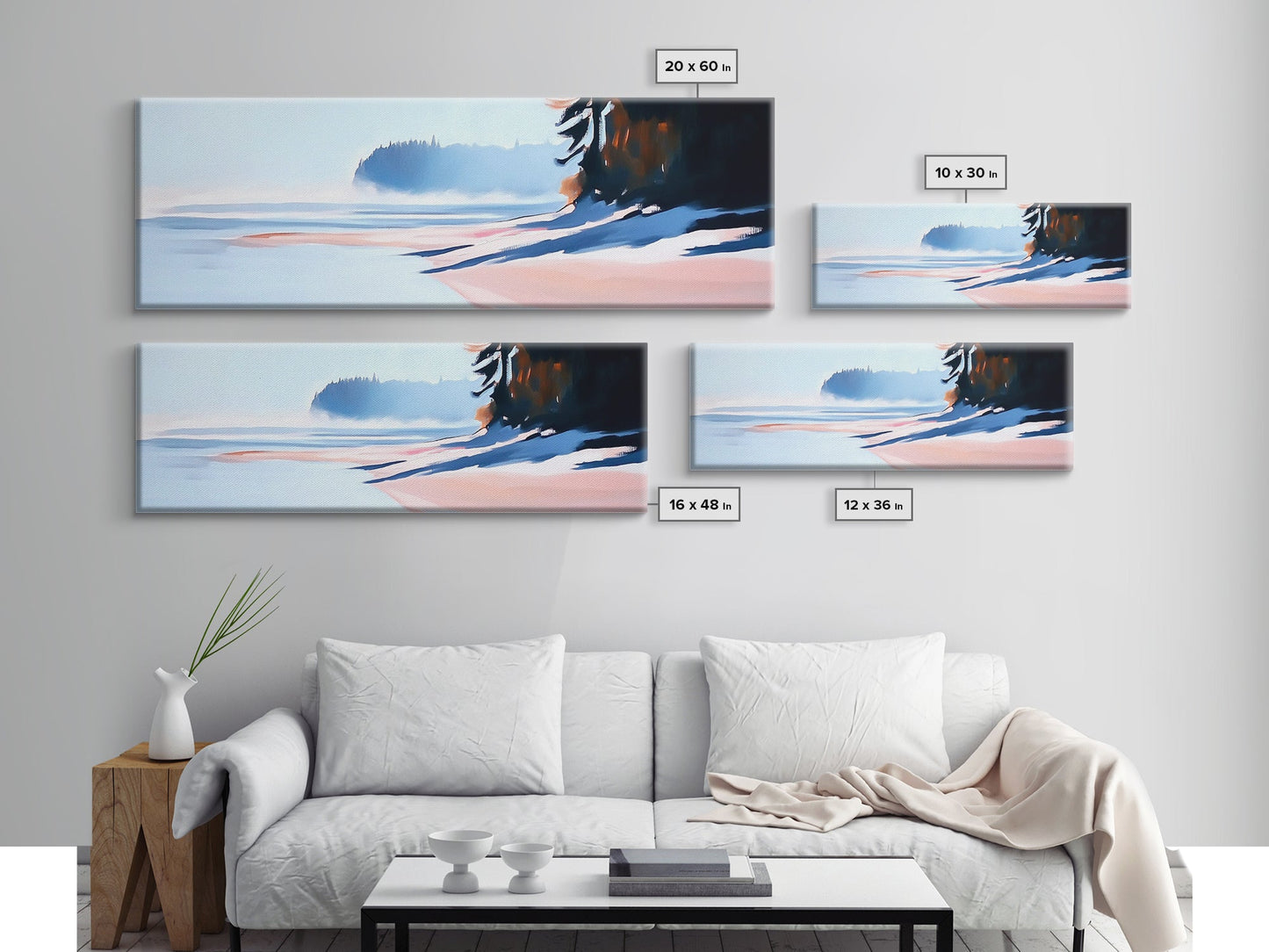 Misty Shoreline, Coastal Landscape Art, Minimalist Seascape, Ocean View, Framed Canvas Print, Modern Home Decor, Living Room Art