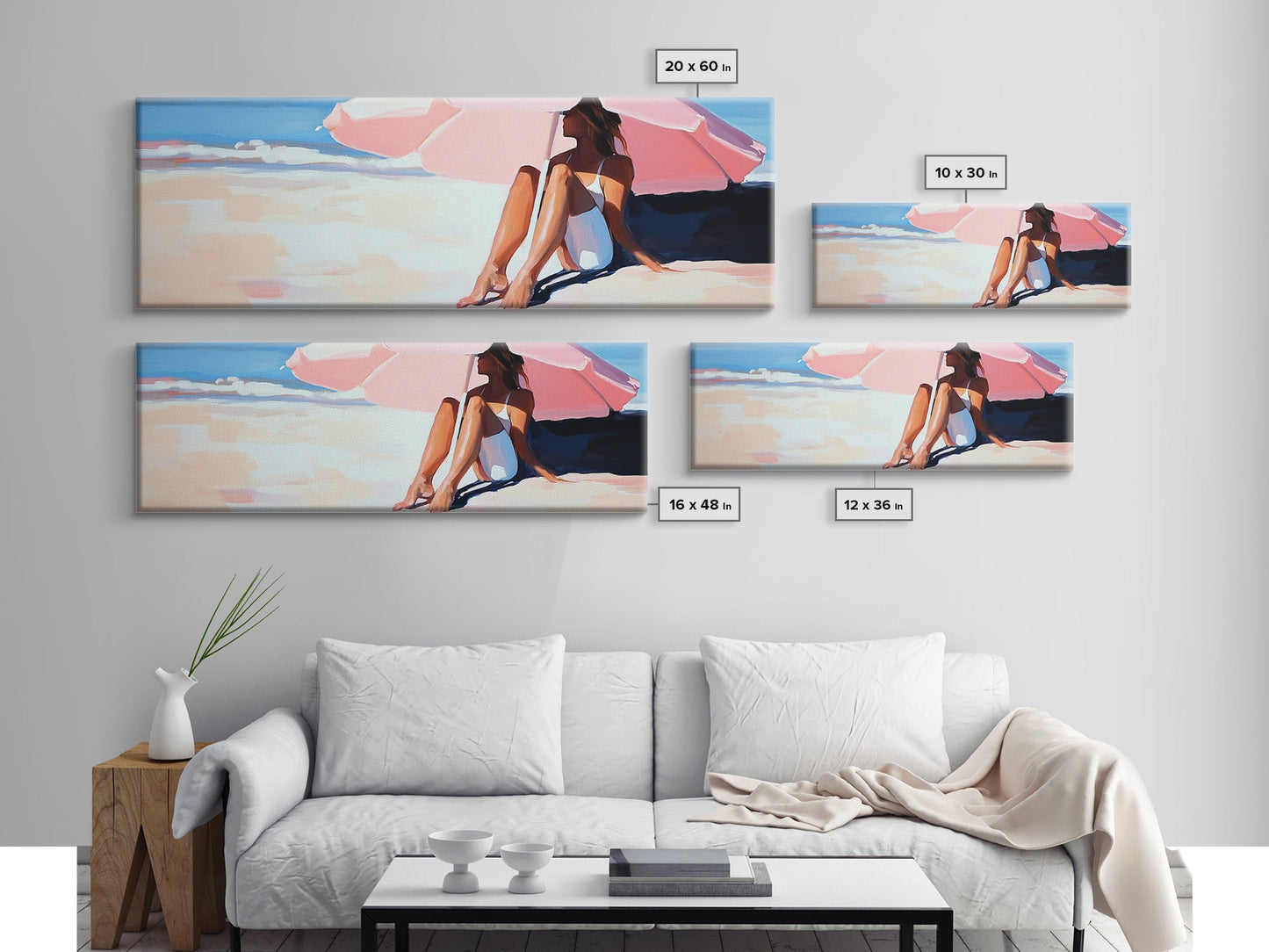 Woman Under Umbrella, Beach Relaxation, Summer Scene, Framed Canvas Print, Minimalist Boho Art, Seaside Wall Decor, Nautical Artwork