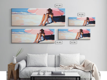 Woman Under Umbrella, Beach Relaxation, Summer Scene, Framed Canvas Print, Minimalist Boho Art, Seaside Wall Decor, Nautical Artwork