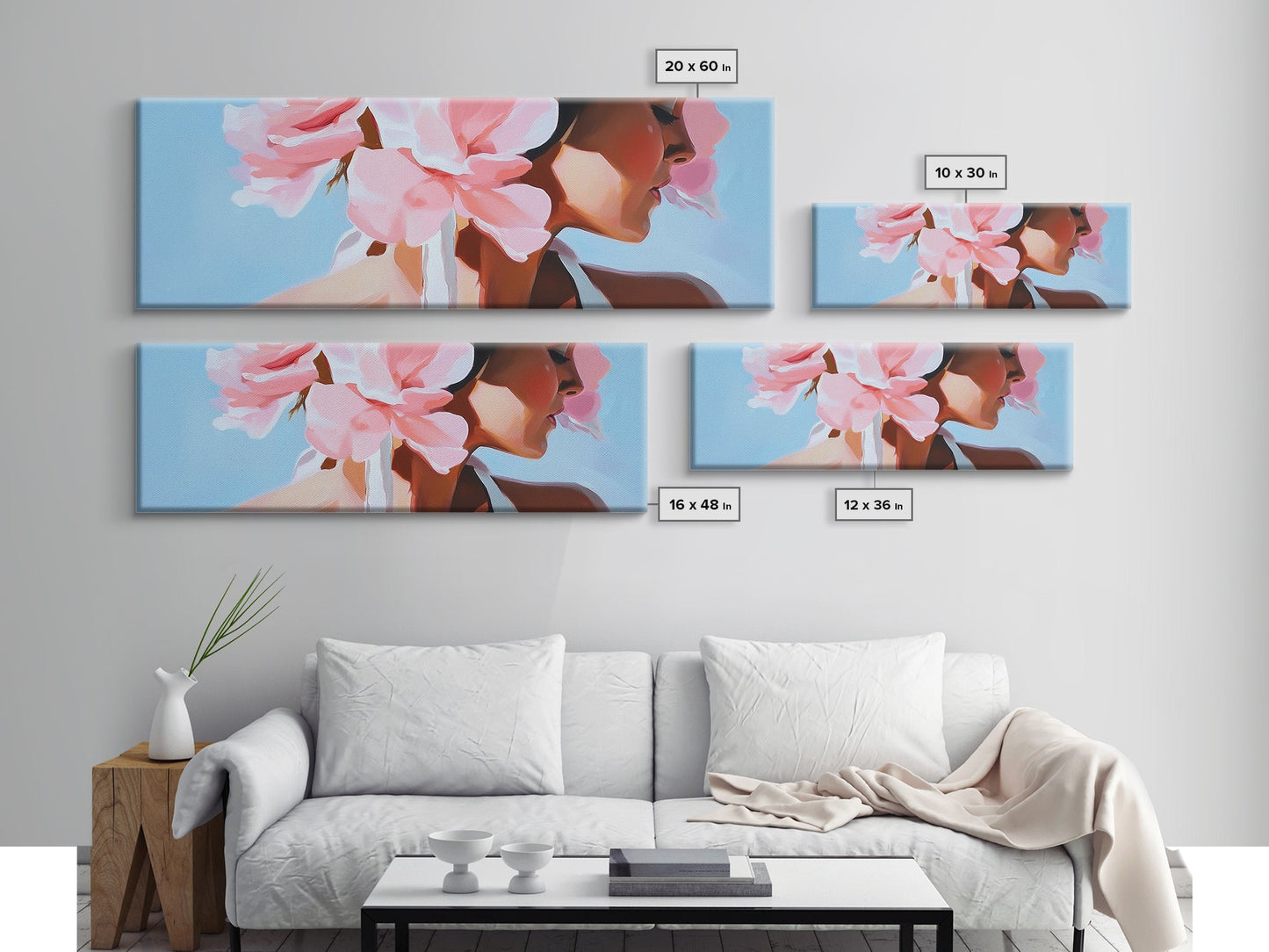 Floral Woman, Feminine Beauty, Elegant Portrait, Boho Canvas Print, Bedroom Wall Art, Modern Aesthetic, Pastel Pink Home Decor