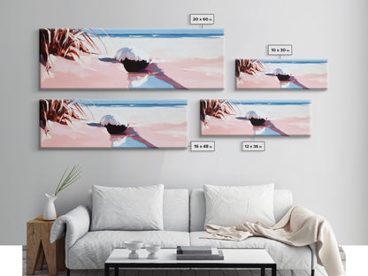 Romantic Beach Scene, Coastal Wall Art, Sunset Ocean Painting, Pastel Beach Framed Canvas Print, Living Room or Office Art
