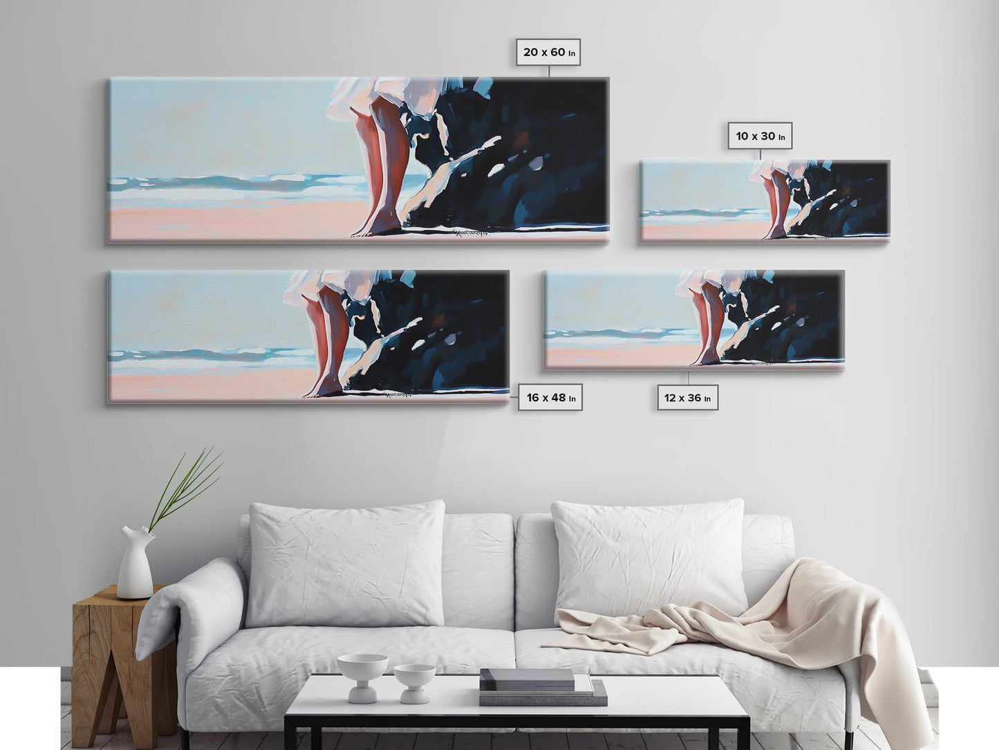 Sonnenuntergang am Strand, friedlicher Rückzugsort, Meeresruhe, Küstenmotiv auf Leinwand, Wandbild fürs Wohnzimmer, sanfte Pastellfarben, minimalistische Wandkunst