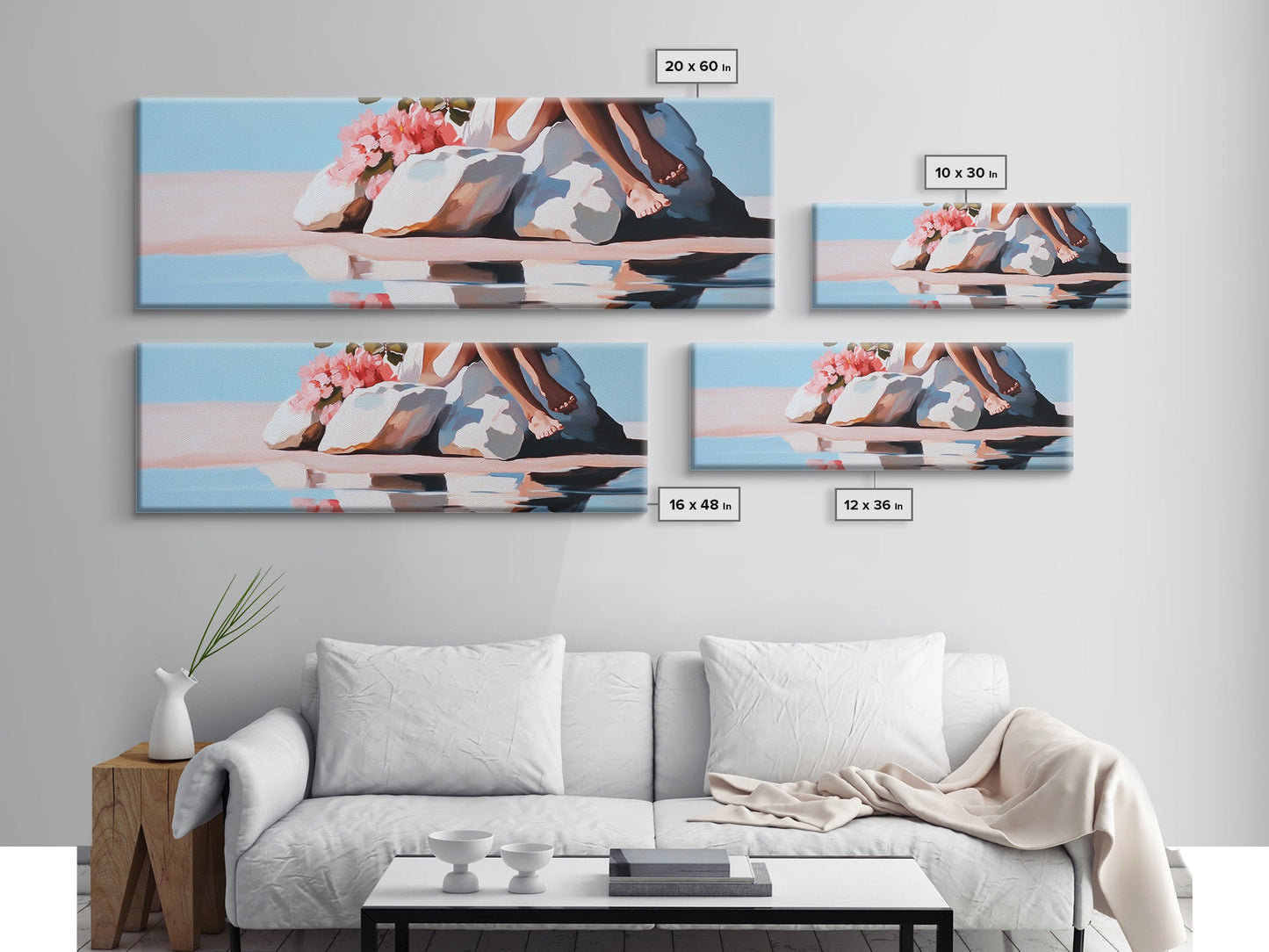 Beach Blossom Scene, Floral Coastal Art, Pastel Summer Vibes, Nature Wall Decor, Soft Aesthetic, Canvas Print, Bedroom Wall Art