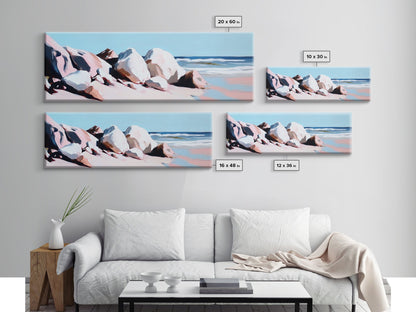 Ocean Rockscape, Tranquil Shoreline, Serene Nature Print, Coastal Art, Neutral Tones, Living Room Wall Decor, Framed Canvas Print