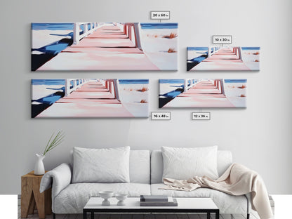 Pink Pier, Beach Walkway, Ocean View, Framed Canvas Print, Coastal Wall Art, Nautical Home Decor, Minimalist Seascape Painting