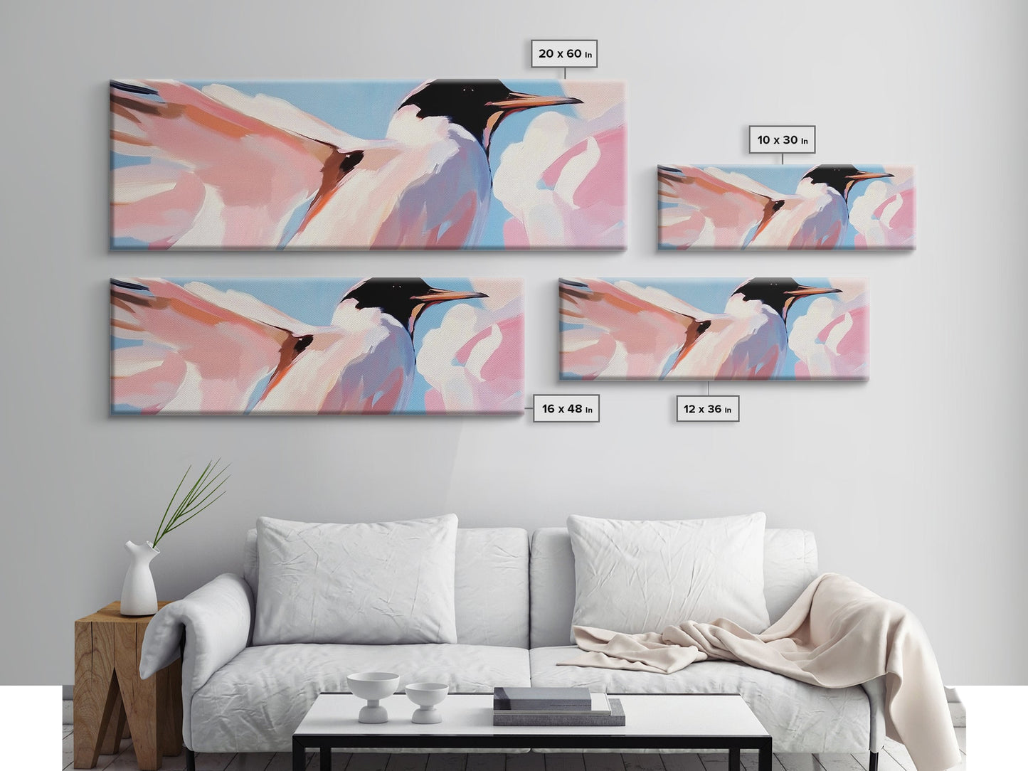 Soaring Seabird Art, Coastal Bird Print, Minimalist Wildlife Art, Pastel Sky Painting, Large Canvas Print, Beach House Decor, Bedroom Art
