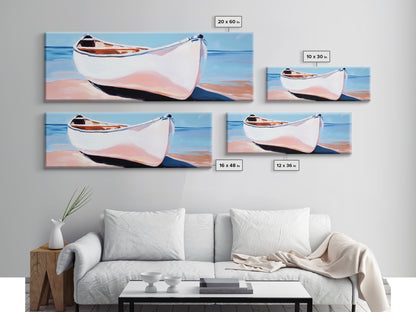 Weißes Kanu, Küstenwandbild, maritime Ästhetik, gerahmter Leinwanddruck, minimalistisches Bootsbild, maritime Kunst für Strandhäuser, Meeresdeko