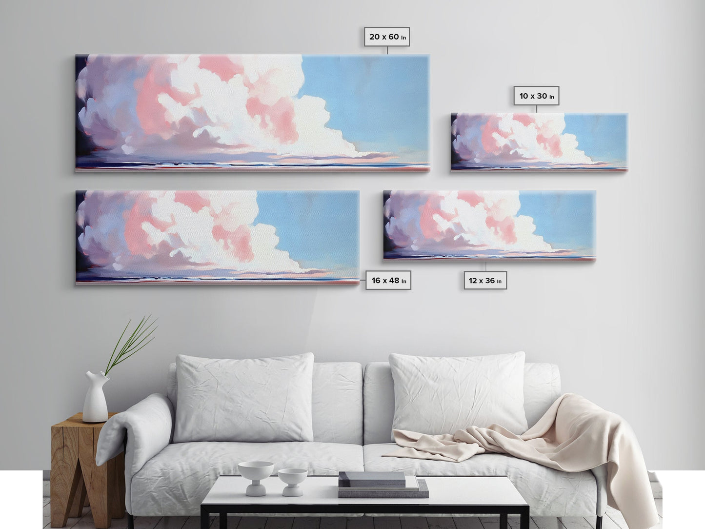 Soft Clouds, Ocean Horizon, Dreamy Seascape, Modern Beach Art, Framed Canvas Print, Coastal Minimalist, Living Room Wall Art