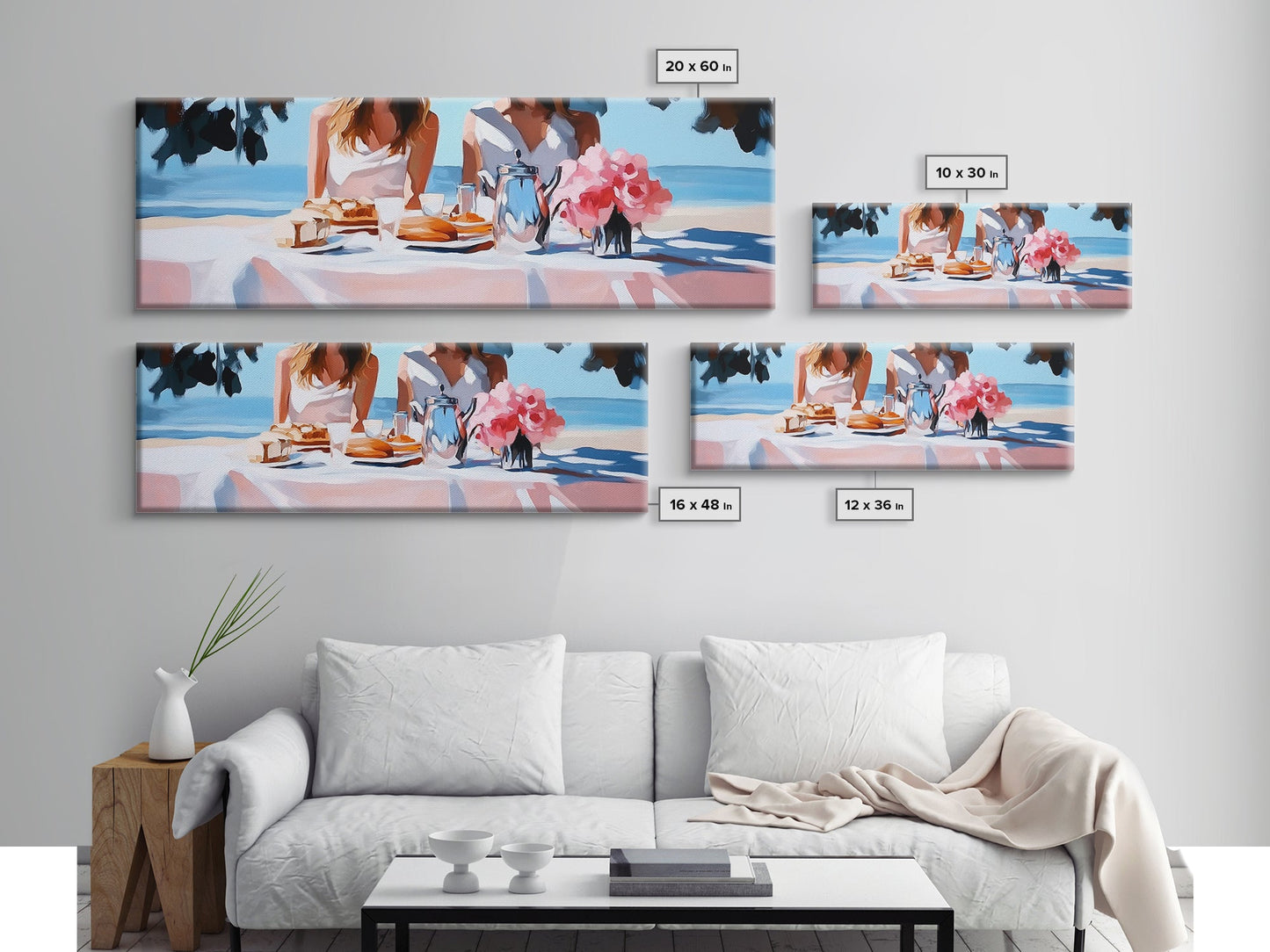 Ocean Picnic, Coastal Dining, Elegant Beach Scene, Pastel Seascape, Canvas Print, Living Room Art, Modern Nautical, Kitchen Wall Art