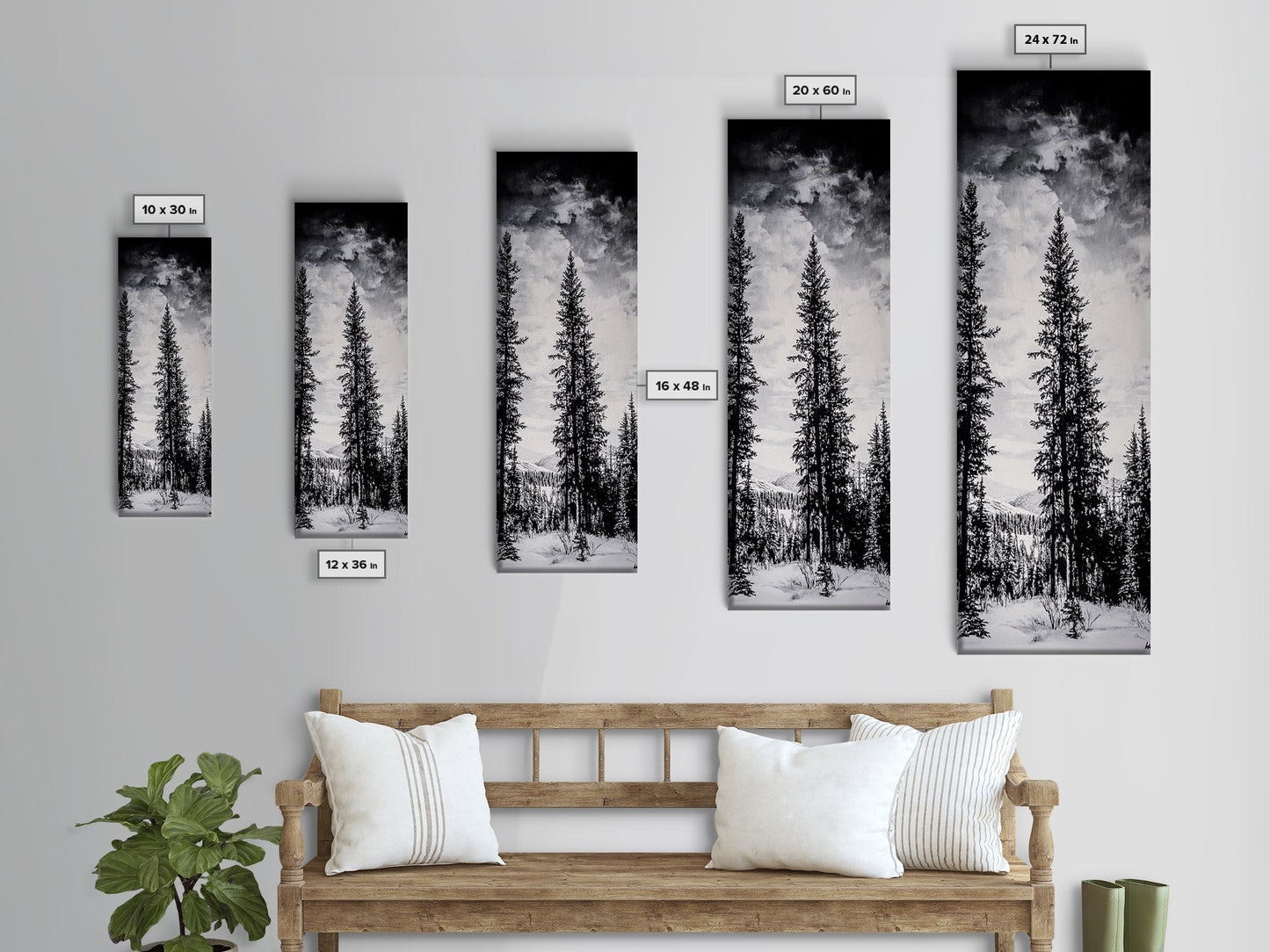 Black White Pine, Winter Forest, Nature Wall Art, Christmas Decor, Modern Minimalist, Monochrome Print, Framed Canvas Print