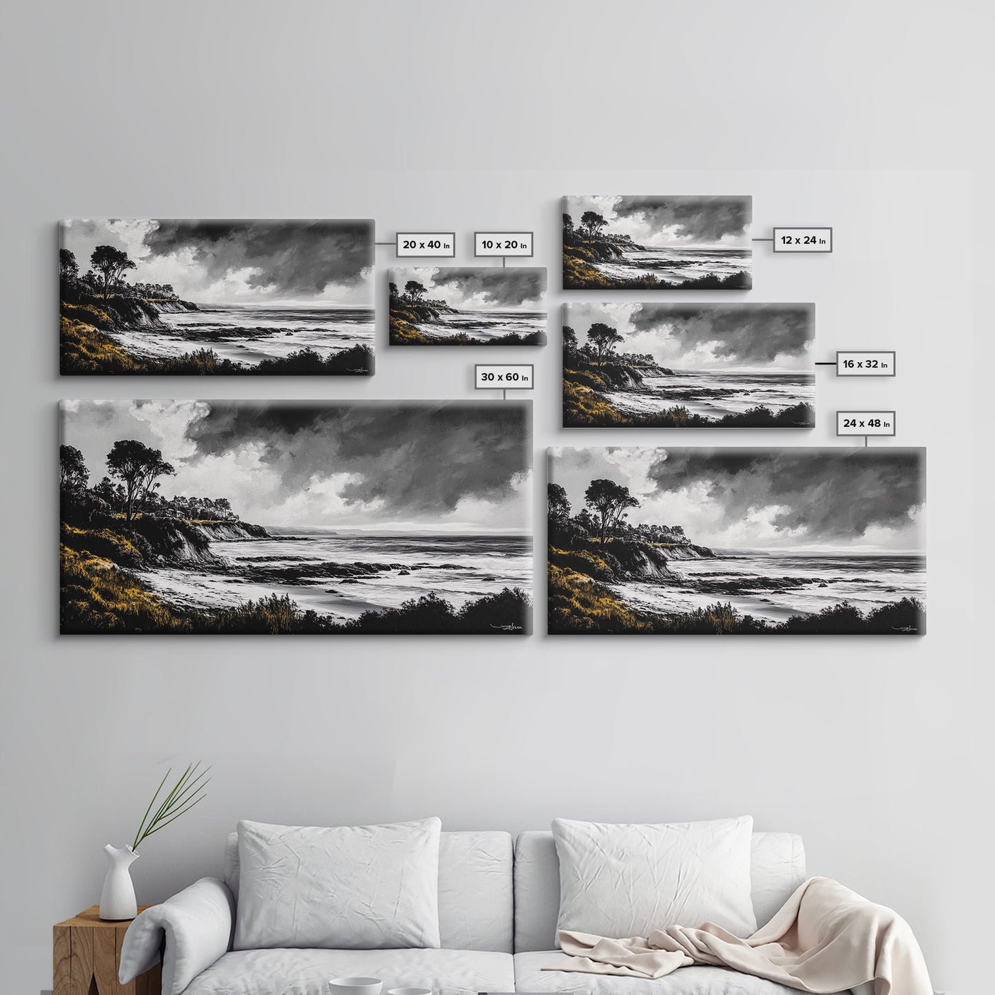 Stormy Coast, Dramatic Sky, Black and White Seascape, Framed Canvas Print, Coastal Wall Art, Large Landscape, Entryway Decor, Moody Art