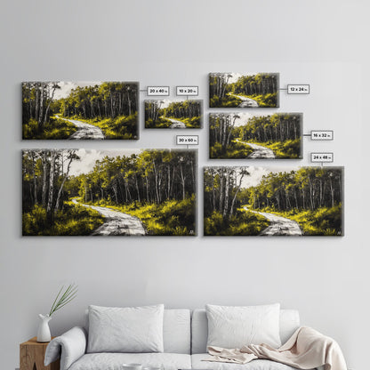 Forest Road, Scenic Nature Path, Rustic Landscape Painting, Greenery Wall Art, Country Home Decor, Framed Canvas Print, Office Artwork