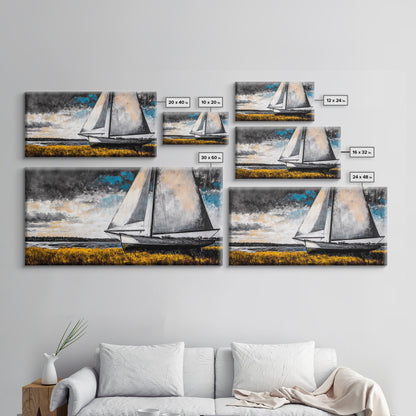 Sailboat Painting, Coastal Nautical, Black and White Boat, Framed Canvas Print, Maritime Decor, Living Room Wall Art, Classic Style