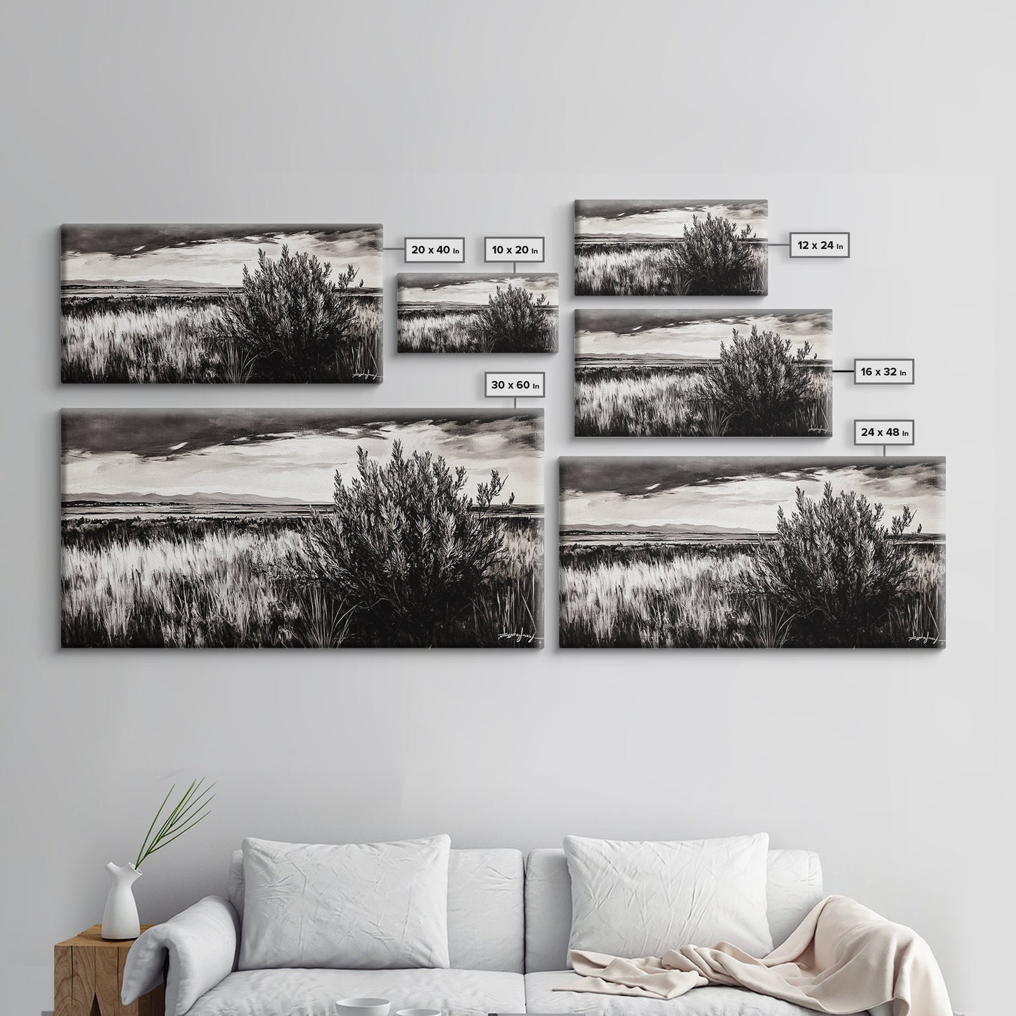 Black and White Landscape, Minimalist Canvas Print, Nature Wall Art, Rustic Country Scene, Neutral Home Decor, Living Room Art