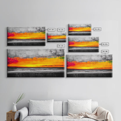 Coastal Sunset, Ocean Horizon, Bold Colors, Black and White Contrast, Modern Abstract, Warm Tones, Large Wall Art, Framed Canvas Print ?