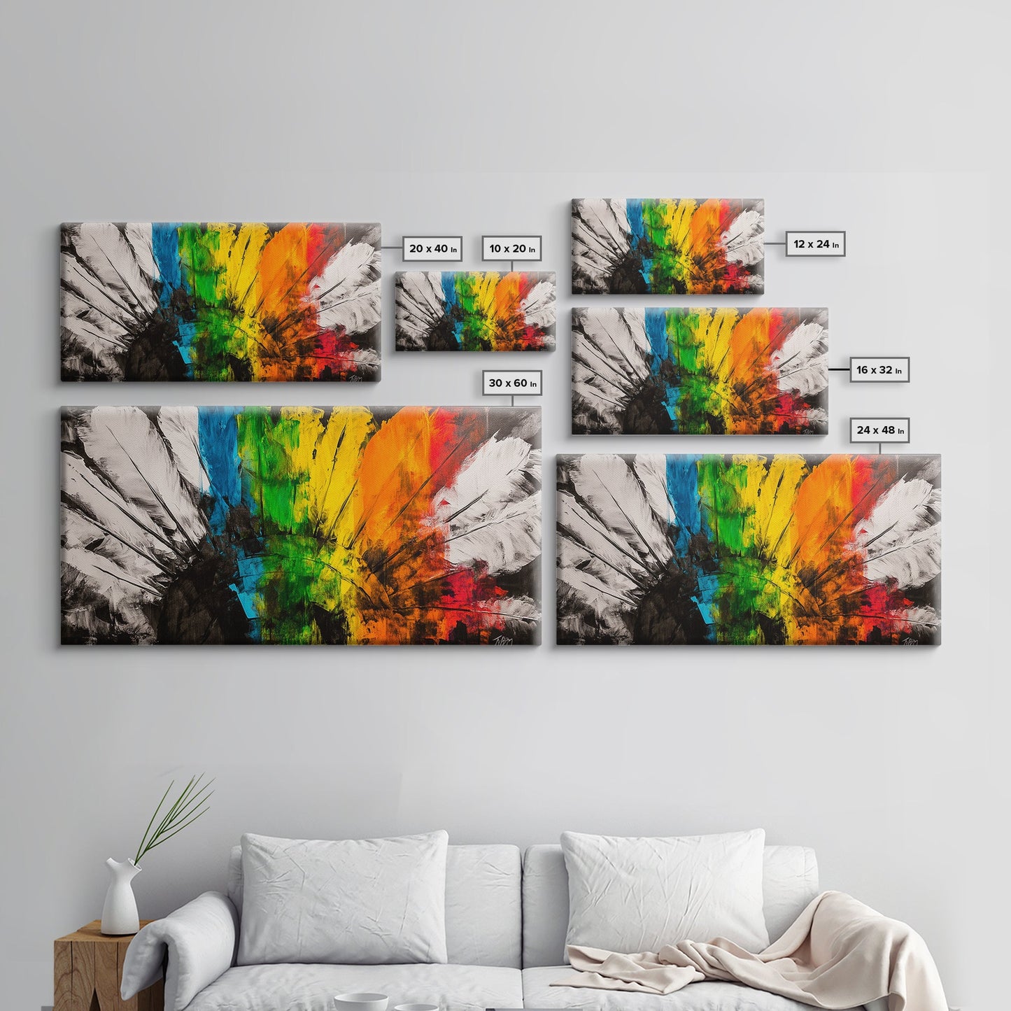 Rainbow Feathers, Colorful Abstract Art, Boho Wall Decor, Native American Inspired, Framed Canvas Print, Large Wall Art
