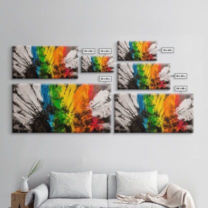 Rainbow Feathers, Colorful Abstract Art, Boho Wall Decor, Native American Inspired, Framed Canvas Print, Large Wall Art
