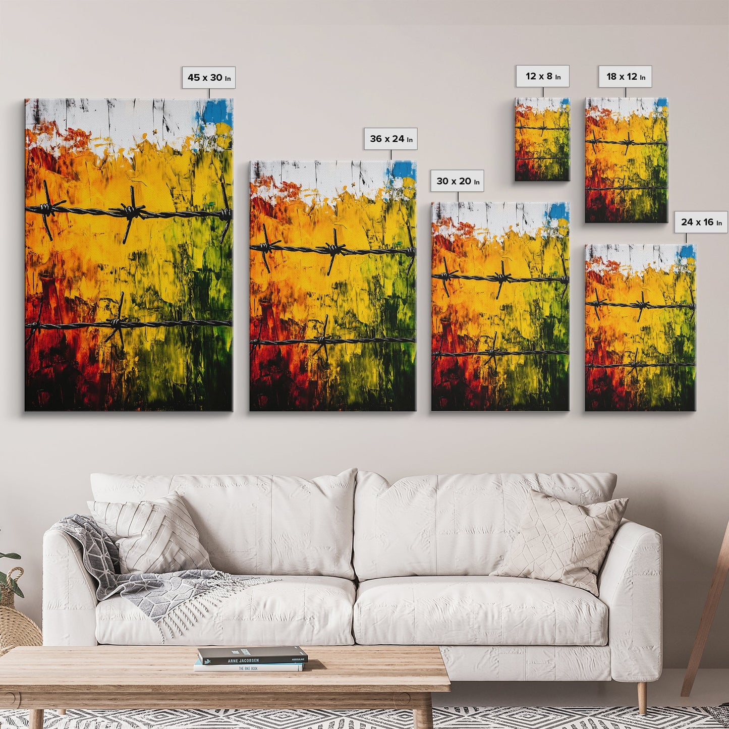 Barbed Wire Wall Art, Red Yellow Green, Bold Abstract Painting, Modern Industrial Decor, Statement Piece, Office Wall Art, Canvas Print