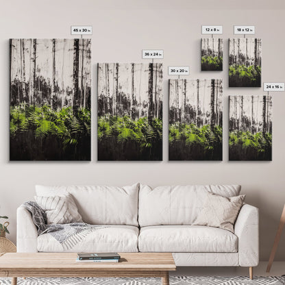 Forest Ferns, Green Botanical Art, Woodland Nature Print, Minimalist Home Decor, Black and White Wall Art, Framed Canvas Print