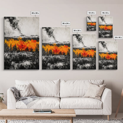 Burning Trees, Fiery Autumn Landscape, Dramatic Fall Wall Art, Modern Seasonal Home Decor, Bold Color Painting, Framed Canvas Print