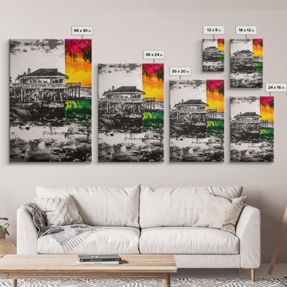 Pier House, Sunset Painting, Coastal Decor, Beach House Art, Framed Canvas Print, Living Room Wall Art, Nautical Theme, Abstract Home Decor